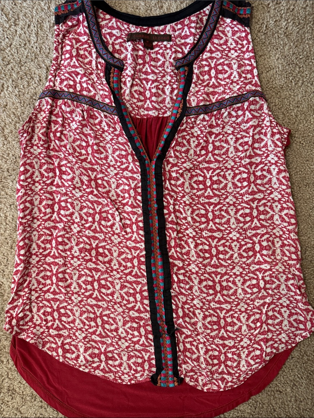 Red Patterned Women's Sleeveless Tank with Contrast Trim